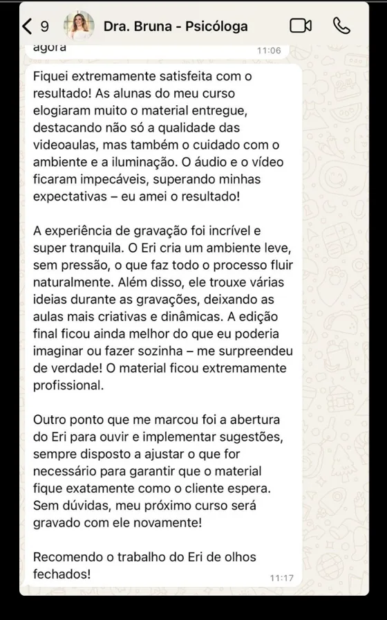 Print: depoimento da cliente Dra. Bruna sobre gravação e edição do curso dela