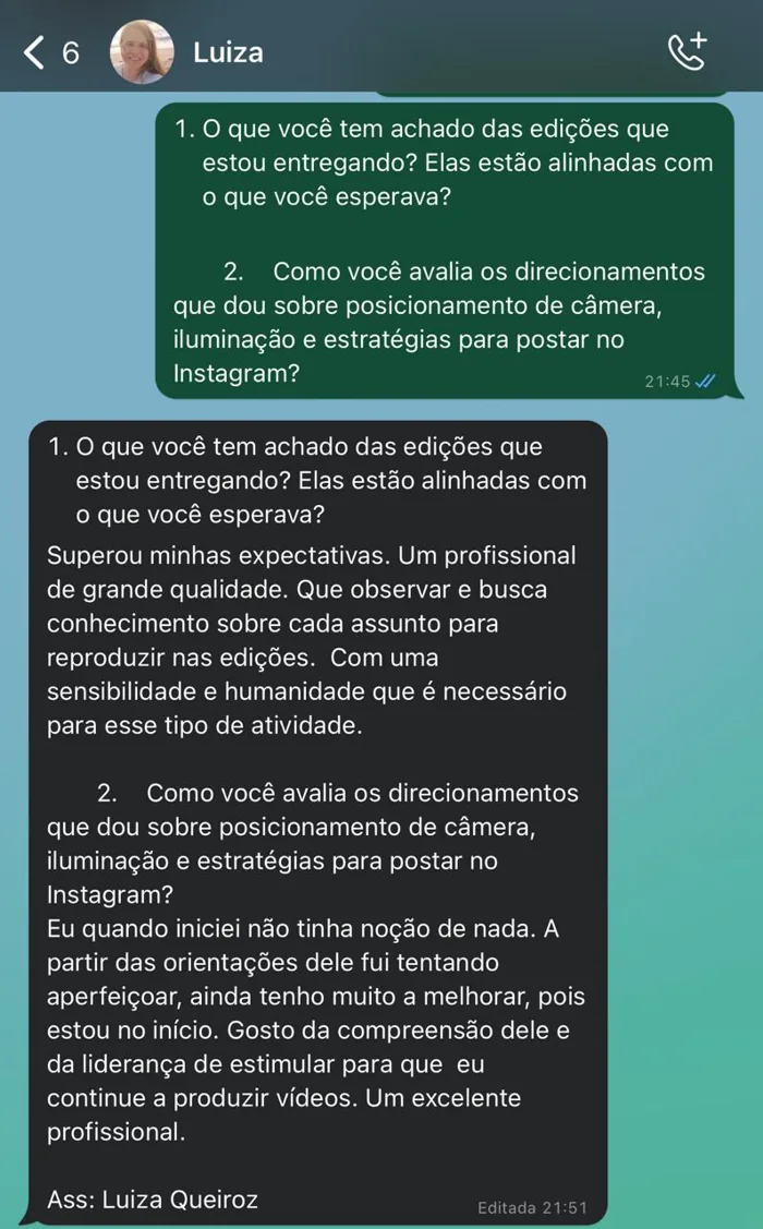 Print: depoimento da cliente Luiza Queiroz sobre o serviço de edição de vídeo