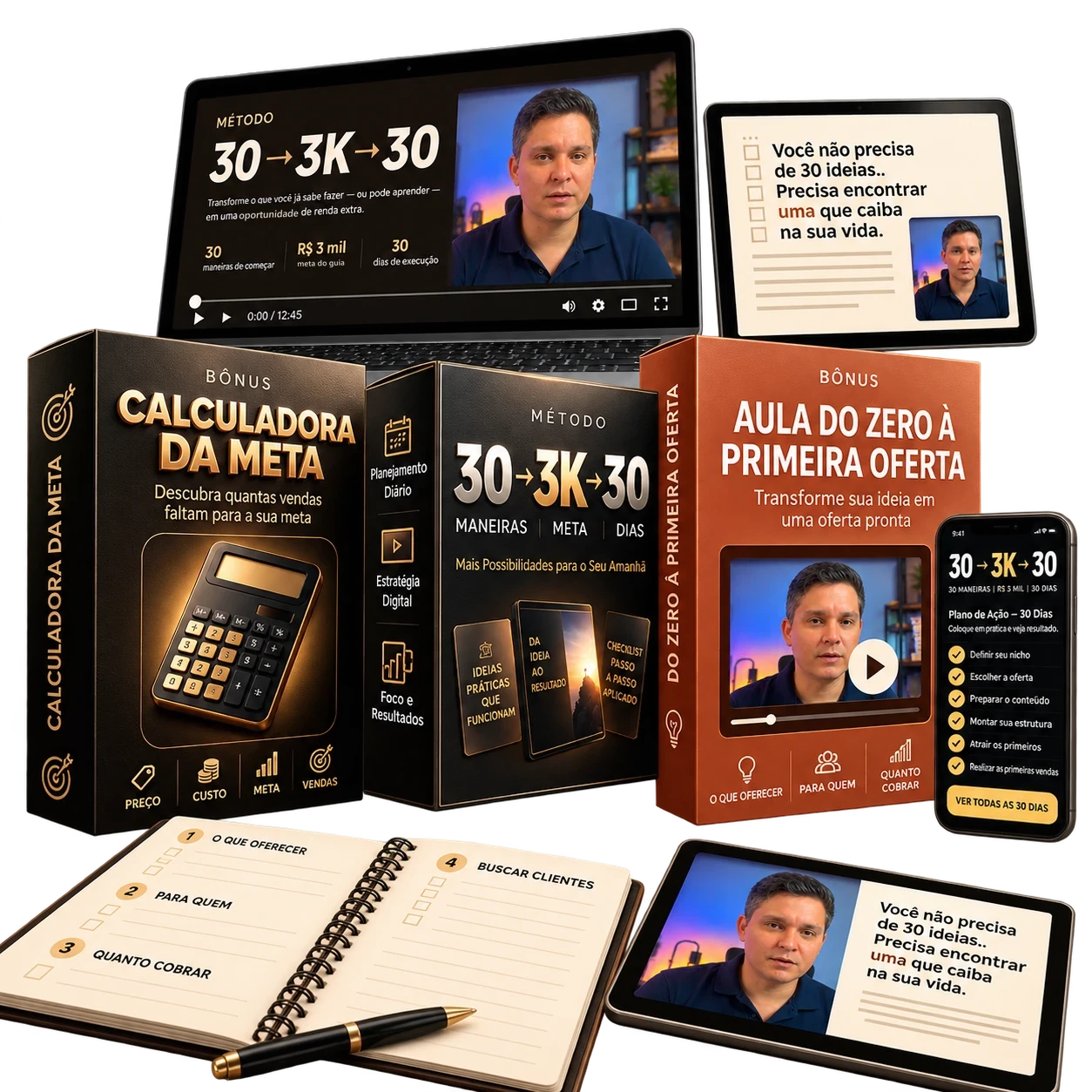 Conjunto completo: guia 30 ideias, aula bônus Do Zero à Primeira Oferta e Calculadora da Meta