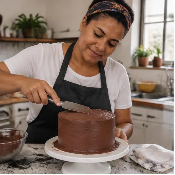 Mulher confeitando um bolo de chocolate