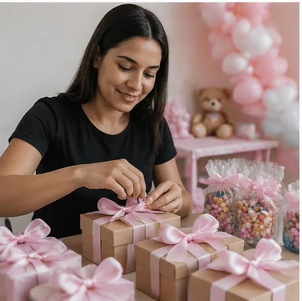Mulher embrulhando presentes personalizados