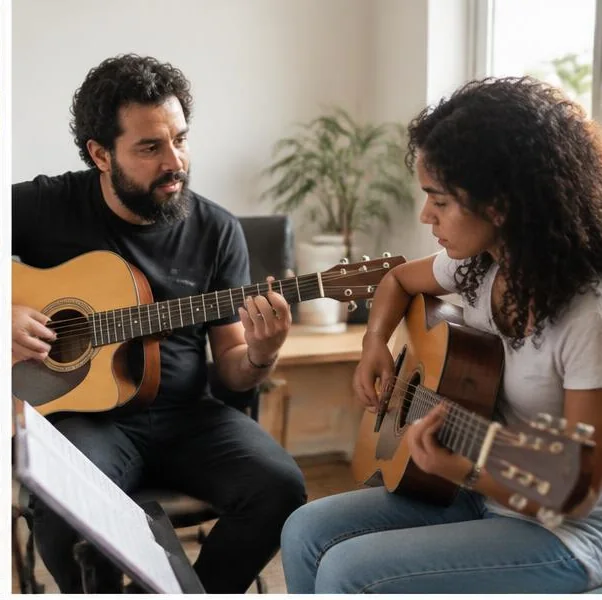 Professor dando aula de violão