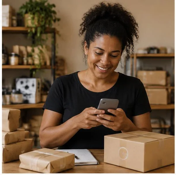 Mulher vendendo pelo celular com caixas de pedido